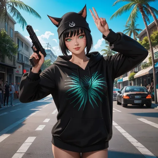 Prompt: photorealistic, ultrarealistic image of a beautiful female miqo'te with striking short black hair and vivid green eyes, wearing a stylish beanie and a large oversized hoodie, confident pose, standing on a vibrant resort street, aiming a gun, surrounded by lush palm trees, bright sunny atmosphere, clear blue sky, clean composition, high detail, 4K resolution.