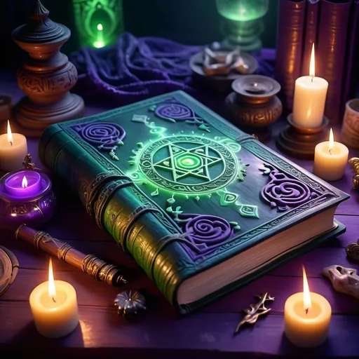 Prompt: A dark magic spellbook on a table,