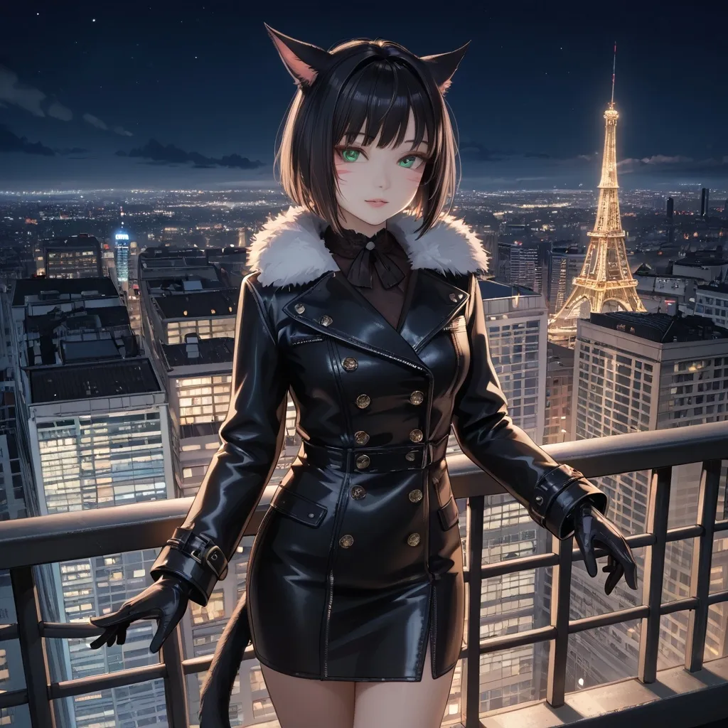 Prompt: Ultrarealistic, a female miqo'te with short black hair and green eyes, wearing a black leather winter coat, elegant long leather gloves, standing on a penthouse balcony overlooking the city at night, evoking a mysterious and seductive ambiance, high detail, ultra-detailed, dramatic lighting, 4K resolution.