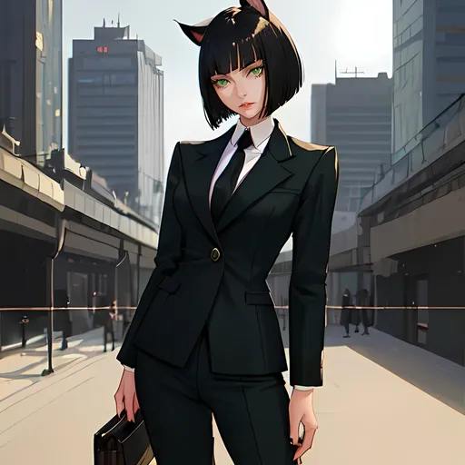 Prompt: female miqo'te character, (22 years old), (black bob haircut), (green eyes), elegance of banker outfit, crisp suit with subtle detailing, poised expression, soft lighting casting gentle shadows, detailed facial features showcasing confidence, high quality, ultra-detailed, dynamic pose in a modern urban setting with abstract cityscape background.