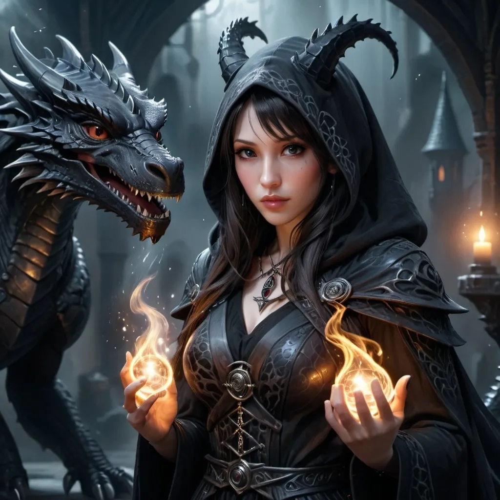 Prompt: (gothic style), (realistic), Tifa as a wizard, wearing a flowing black wizard robe and a mystical hood, intense expression, surrounded by arcane symbols, a majestic black dragon looming in the background with shimmering scales, dramatic shadows, dimly lit scene, fog add ambiance, dark and mysterious atmosphere, highly detailed, ultra-detailed 4K, mystical energy swirling around.