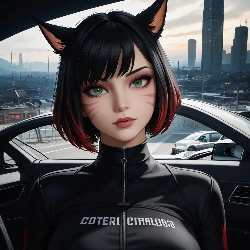 Prompt: (gothic style), ultrarealistic, captivating female miqo'te, short black hair, striking green eyes, confidently driving a sleek sports car, dramatic shadows and highlights, atmospheric backdrop with moody lighting, urban landscape, rich textures and intricate details come together, emotion-filled expression, high detail, 4K quality, cinematic allure.