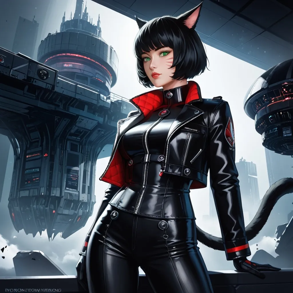 Prompt: ultrarealistic, beautiful female miqo'te, short shermie black hair, striking green eyes, clad in a sleek black leather jacket and stylish pants, leather gloves, standing romantically in a futuristic, high-tech apartment, dynamic atmosphere evoking a sense of adventure, ultra-detailed, cinematic lighting, futuristic architecture towering above.