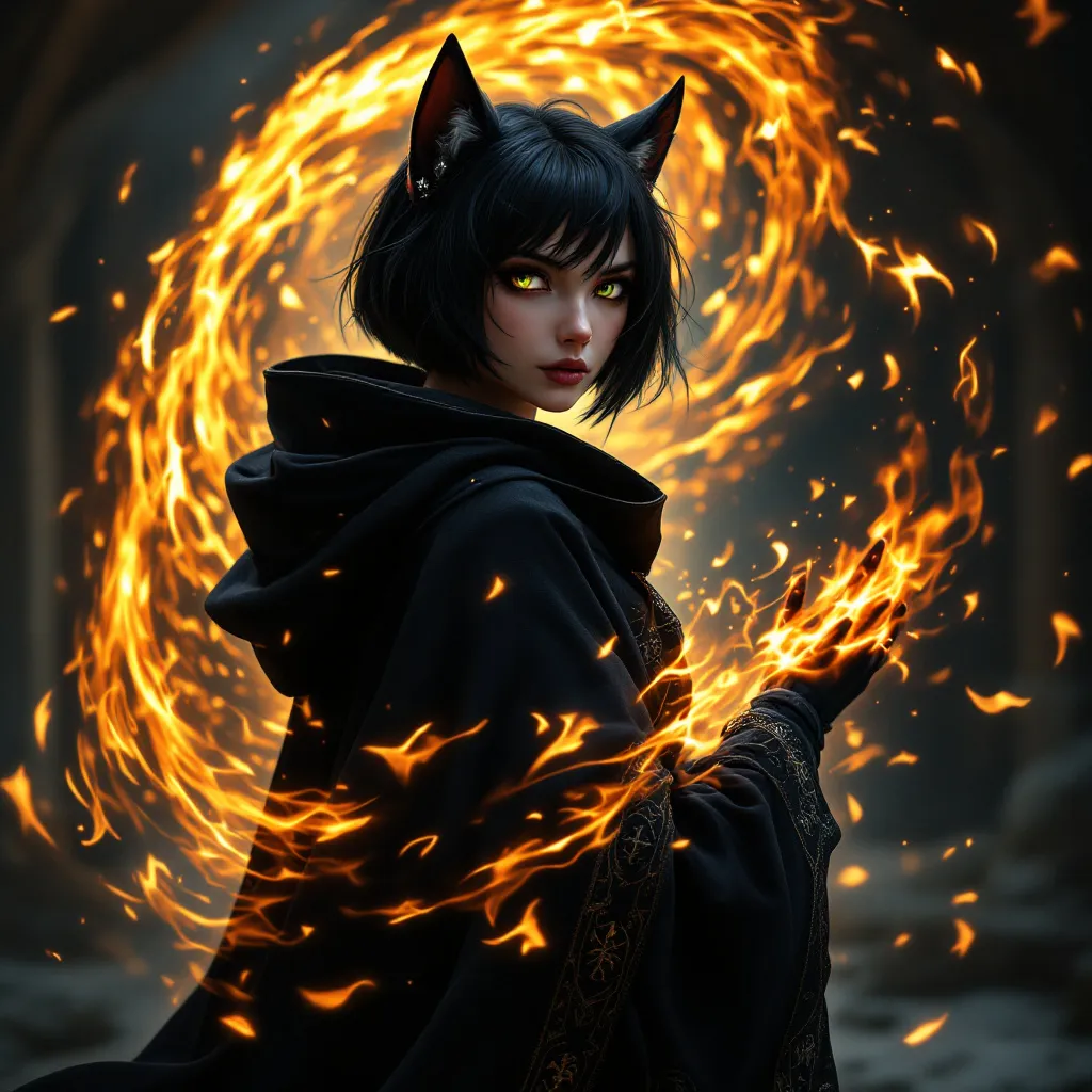 Prompt: ultrarealistic, A beautiful female miqo'te with  cat ears with short black hair in a bob and green eyes, dressed in black hooded wizard robes, surrounded by fire energy, using fire magic to cast a spell,