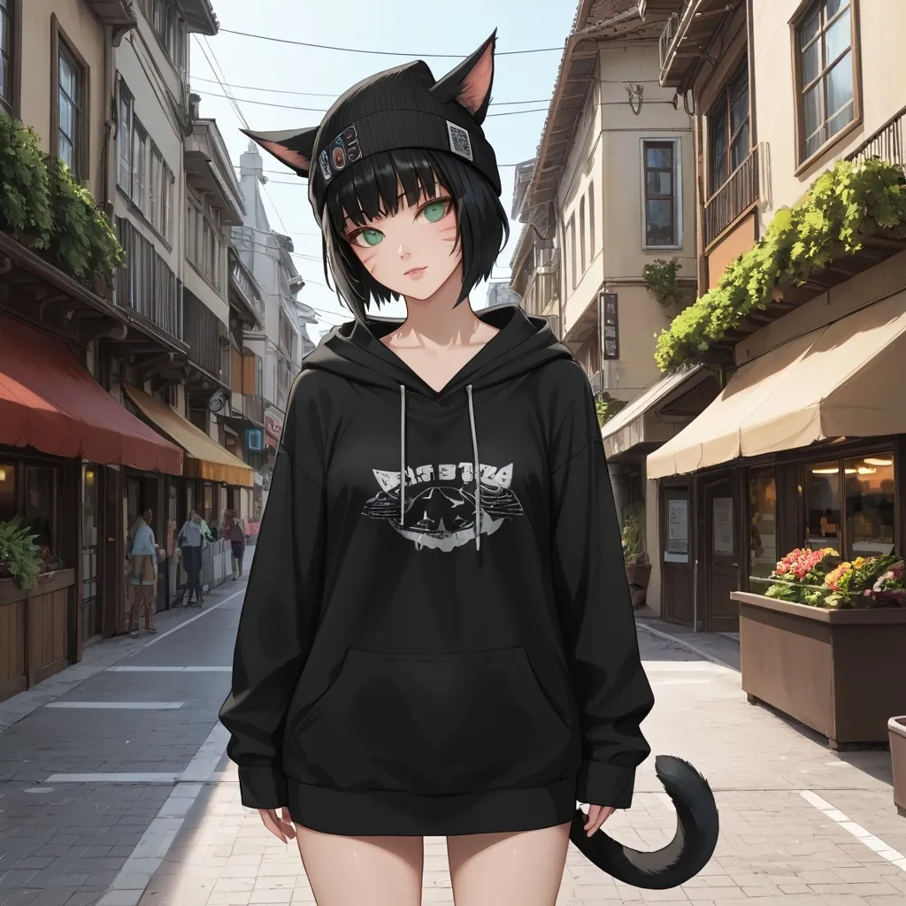 Prompt: ultrarealistic, A beautiful female miqo'te with short black hair and green eyes, wearing a beanie, wearing a large oversized hoodie with no pants, standing on the street at a resort,