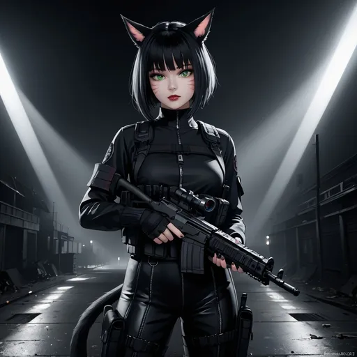 Prompt: gothic style, ultrarealistic, A beautiful female miqo'te with short black hair and green eyes, wearing a black leather tactical outfit, holding an assault rifle,