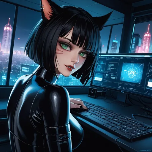 Prompt: (gothic style) (ultrarealistic) beautiful female miqo'te, short black hair, piercing green eyes, sleek black leather outfit, surrounded by futuristic tech, operating in a high-tech computer lab, ambient city lights, large high-tech screens illuminating the room, viewing a vibrant cyberpunk cityscape at night through a massive window, moody atmosphere, intense focus, ultra-detailed, 4K.