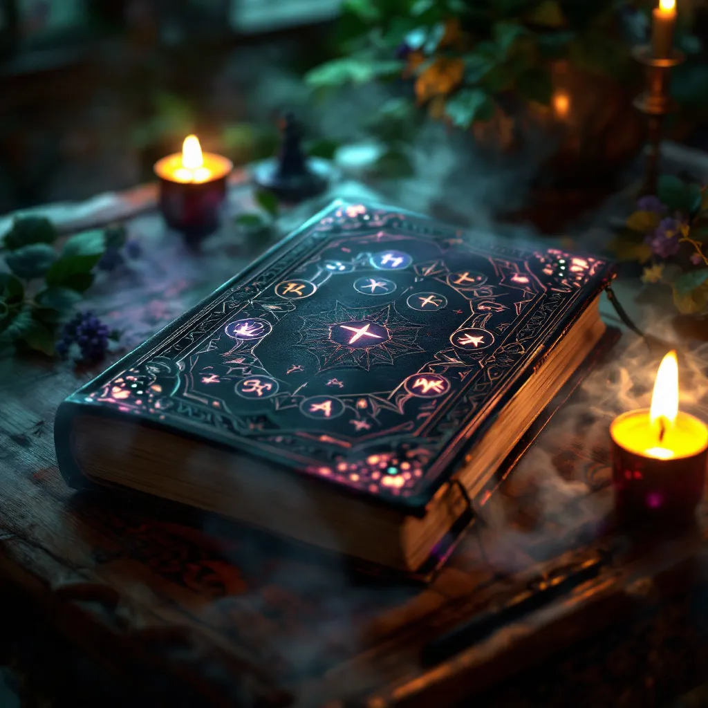 Prompt: (dark magic spellbook), mysterious and ancient, ornate cover with glowing symbols, worn pages, candlelight casting flickering shadows, a wooden table with intricate carvings, ambient green and purple hues, mystical atmosphere, ethereal fog surrounding, (ultra-detailed), enchantment vibes, soft focused background, (high quality).