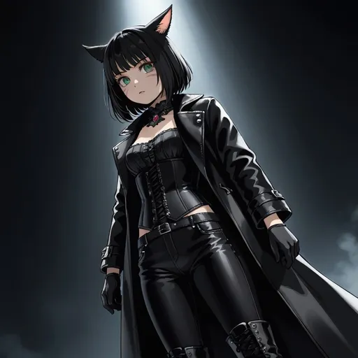 Prompt: (side angle), (Final Fantasy XVI), (female miqo'te), (short black bob hairstyle), (green eyes), dressed in a dramatic (black leather fur coat), (black gloves), (corset), (black leather pants), (boots), (misc-gothic style), (dark color scheme), high contrast, moody atmosphere, intricate details, ultra-detailed, cinematic lighting, captivating background with gothic elements.