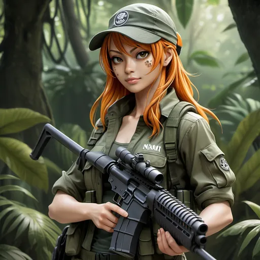 Prompt: realistic, Nami wearing jungle tactical gear, fatigues, jungle hat, holding an assault rifle,