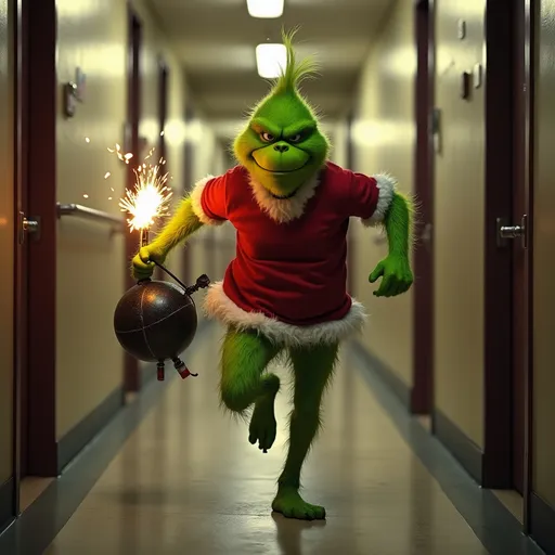 Prompt: The Grinch running down a hallway with a bomb with a lit fuse and explosives tied to his waist,