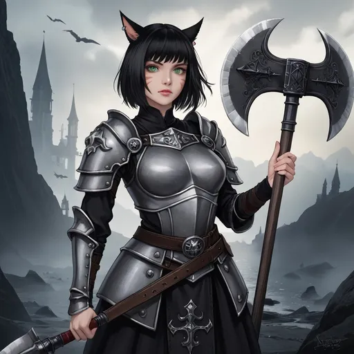 Prompt: Final fantasy 14, gothic style, realistic,  A female miqo'te with short black hair and green eyes, dressed as a warrior, wearing black plate armor, holding a large axe,