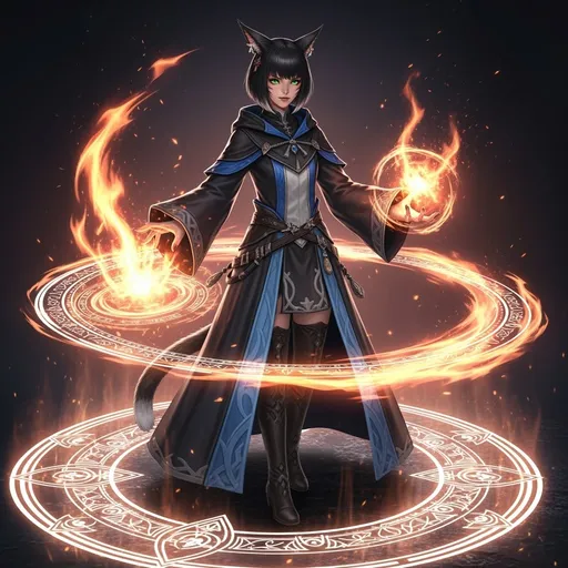 Prompt: ultrarealistic miqo'te female with cat ears, vibrant green eyes, short black bob hairstyle, dressed in elegant black blue hooded wizard robes, intense fire energy swirling around, standing in a magic circle, casting a powerful spell, mystical atmosphere, dynamic flames illuminating the scene, 4K resolution, ultra-detailed elements, magical undertones, captivating spellcasting moment.