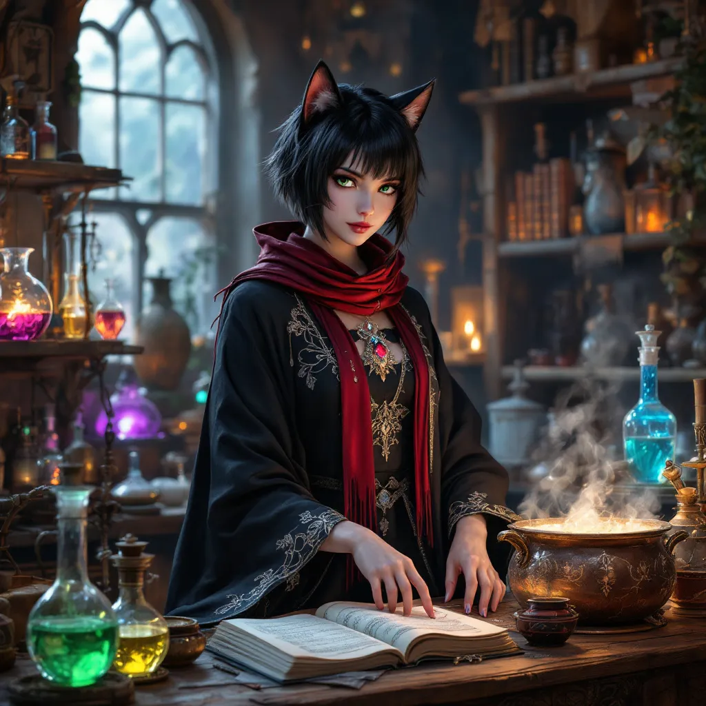 Prompt: ultrarealistic, A beautiful female miqo'te with cat ears with short black hair in a bob and green eyes, dressed in black wizard robes with a scarf around her neck, in an alchemy lab mixing potions next to a table of alchemical ingredients, 
