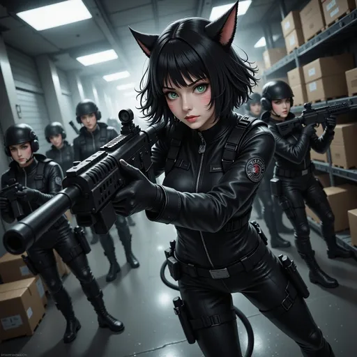 Prompt: Raiding a warehouse, aiming a rifle, surrounded by special forces,