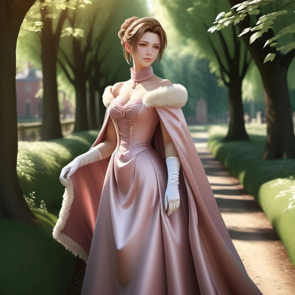 Prompt: (realistic Aerith), (elegant satin Victorian gown), hair in a victorian bun, (silk fur-lined cloak), long elegant silk gloves, stroll in a picturesque setting, serene daytime atmosphere, warm sunlight filtering through trees, delicate details of the gown's fabric reflecting light, high-quality textures, soft breeze gently rustling the cloak, tranquil ambiance, (4K ultra-detailed), emphasizing grace and poise.