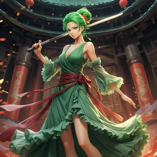 Prompt: (roronoa zoro as a woman), long frilly dress, dynamic pose, fierce expression, vibrant colors, intricate details on the dress, dramatic flowing fabric, whimsical background, bright contrast between colors, ethereal atmosphere, full of energy, captivating design, ultra-detailed, stylish and elegant setting.