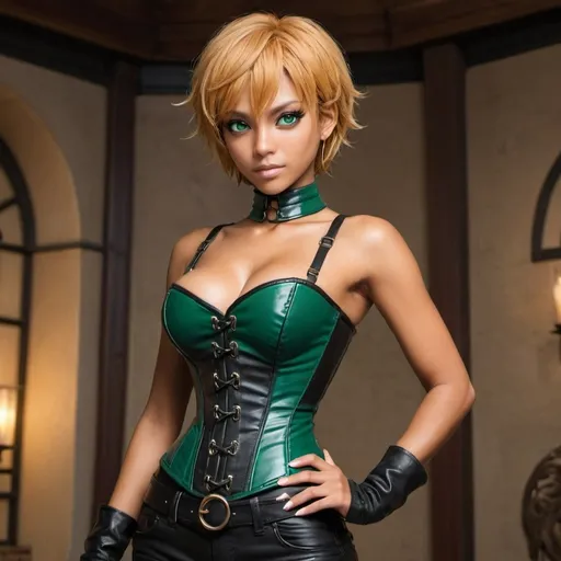 Prompt: Nami with short blonde hair, deep tan skin, wearing a black leather corset and pants. She has striking emerald green eyes