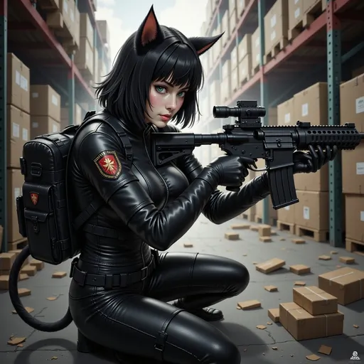 Prompt: Raiding a warehouse, aiming a rifle, surrounded by special forces,