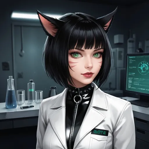 Prompt: gothic style, realistic, A female miqo'te with short black hair and green eyes, wearing a black leather outfit, wearing a white lab coat