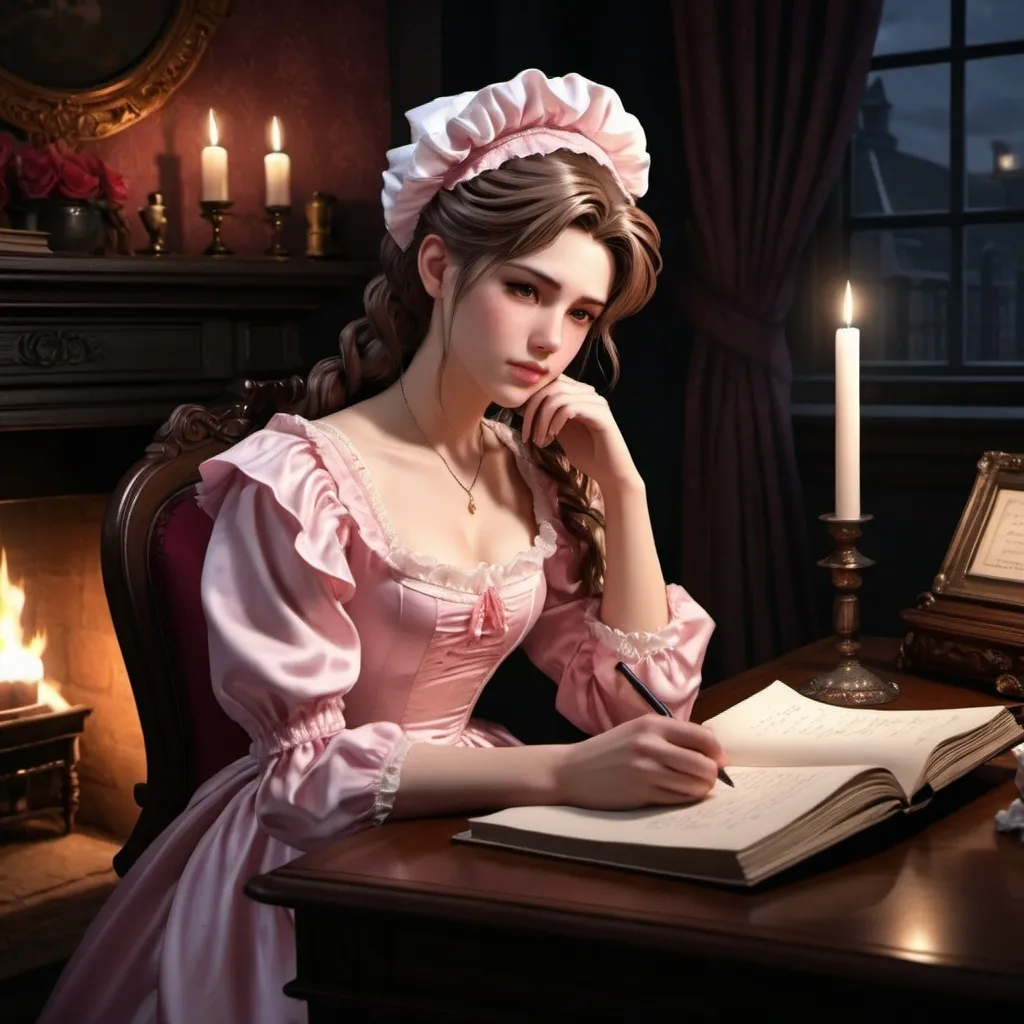 Prompt: Realistic Aerith victorian  bed room. Elegant satin victorian night gown. Wearing a ruffled mob cap, sitting at a desk, writing in her diary in a dark room lit by a fireplace