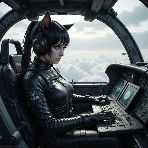 Prompt: Inside a gunship high in the air, manning a computer terminal,