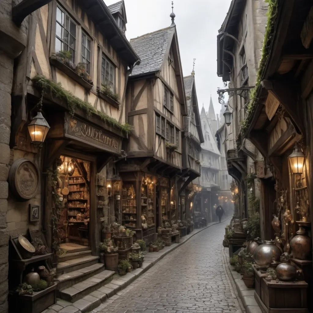 Prompt: Vue d'une ruelle où l'on distingue des sorciers, des humains et d'autres créatures mythiques. La rue est animée, avec des boutiques de magie et des éléments fantastiques se mêlant à la vie quotidienne.