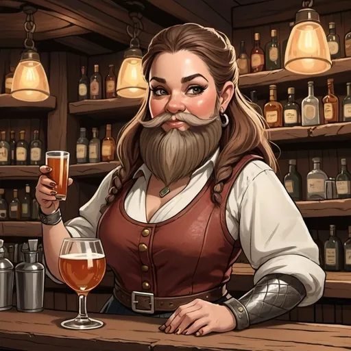 Prompt: cartoon image of a dwarven female bartender with a medium length beard