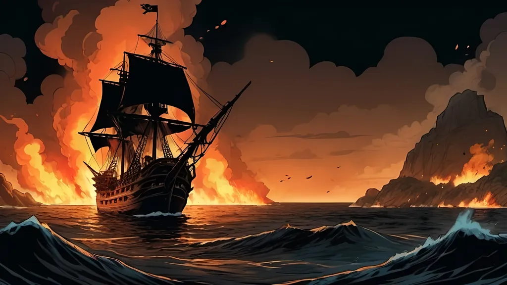 Prompt: background image, cinematic,  cove, pirate ship in the distance, on fire, large battlle, battle, brown, caribbean, detailed, dark colors, dramatic, 2d shaded comic book, dark comic book