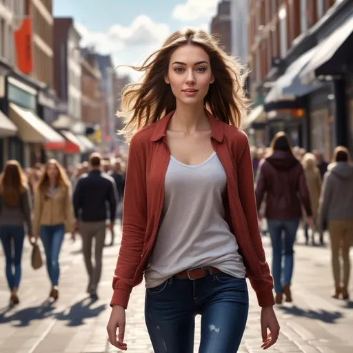 Prompt: (tall young woman), walking down a bustling high street, (realistic and detailed clothing), natural lighting highlighting her features, vibrant urban atmosphere, shops and crowds in the background, capturing the essence of city life, (dynamic composition), emphasis on her confident stride, (HD quality), perfect for showcasing the lively environment.