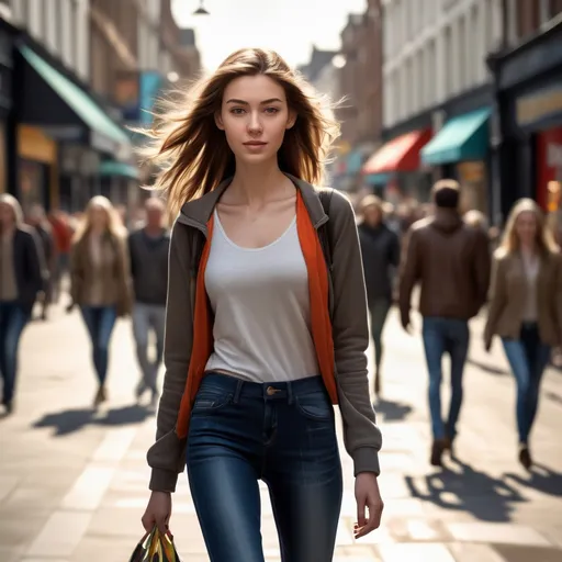 Prompt: (tall young woman), walking down a bustling high street, (realistic and detailed clothing), natural lighting highlighting her features, vibrant urban atmosphere, shops and crowds in the background, capturing the essence of city life, (dynamic composition), emphasis on her confident stride, (HD quality), perfect for showcasing the lively environment.