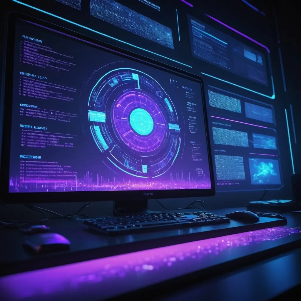 Prompt: Computer screen with futuristic metadata, digital art, high tech, futuristic, detailed pixels, holographic display, neon glow, cyberpunk, highres, futuristic UI, sleek design, data visualization, advanced technology, blue and purple tones, atmospheric lighting