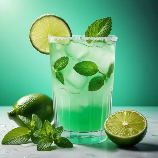 Prompt: Poster of a refreshing mint margarita, vibrant mint leaves, zesty lime slice, icy cold glass, invigorating drink, high quality, vibrant colors, artistic rendering, fresh and bright, professional, detailed texture, summer vibes, minimalistic design, bright lighting, citrusy tones, refreshing margarita, minty fresh