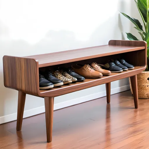 Prompt: Mcm shoe bench, peruvian walnut,
Elegant, sturdy, 40 inch wide 