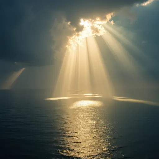 Prompt: A breathtaking scene unfolds as rays of sunlight pierce through a dramatic sky, casting shimmering beams onto the tranquil ocean waters below. The interplay of light and shadow creates a heavenly ambience, with darker clouds contrasted by the warm, golden hues emanating from the sunlight. The surface of the water mirrors this brilliance, reflecting patches of light that dance across its surface, lending a sense of movement to the otherwise serene landscape. The overall mood is one of tranquility and awe, capturing a moment where nature's beauty is both powerful and ethereal, evoking feelings of wonder and peace.