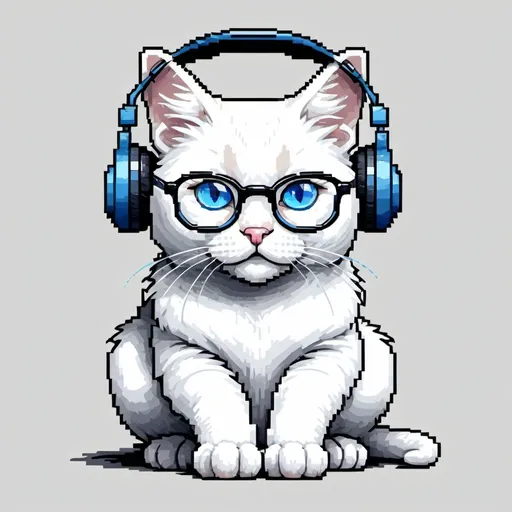 Prompt: Sketchy pixel art of a white cat with blue glasses and blue eyes, wearing headphones, minimalist pixel art, sketchy style, white fur, blue glasses, blue eyes, headphones, pixel art, sketchy, minimalist, detailed, cool tones, relaxed vibe, artistic, pixel art, stylish