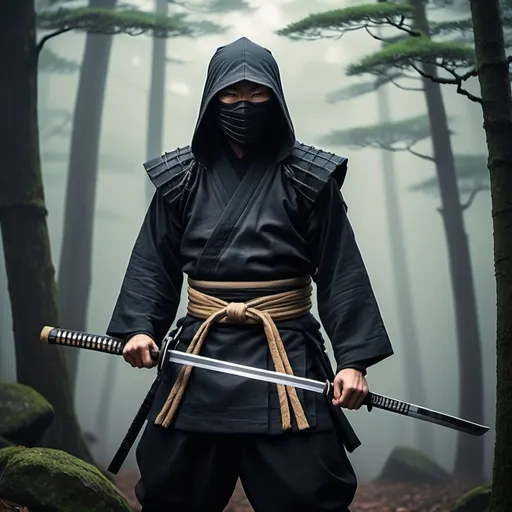 Prompt: (Traditional ninja attire), weapons, accessories used throughout history, masks, hoods, stealthy clothing, historical depictions of ninja tools like shuriken and katana swords, surrounded by (misty forests), (muted colors), (dramatic lighting), making the scene (mysterious) and (intriguing), capturing the (covert nature) of ninjas, (nomura gaho style), old tapestries, Japanese culture, (ultra-detailed), (4K resolution), cinematic atmosphere, (ancient aesthetics).