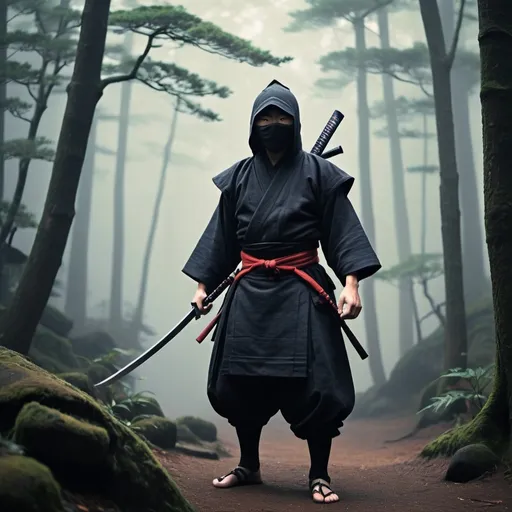 Prompt: (Traditional ninja attire), weapons, accessories used throughout history, masks, hoods, stealthy clothing, historical depictions of ninja tools like shuriken and katana swords, surrounded by (misty forests), (muted colors), (dramatic lighting), making the scene (mysterious) and (intriguing), capturing the (covert nature) of ninjas, (nomura gaho style), old tapestries, Japanese culture, (ultra-detailed), (4K resolution), cinematic atmosphere, (ancient aesthetics).