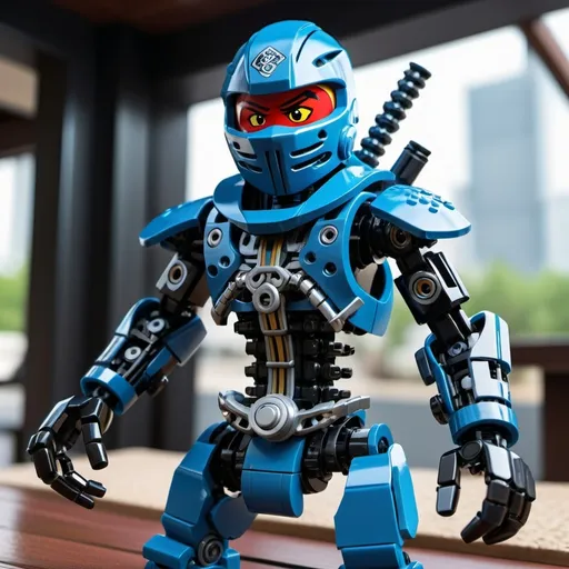 Prompt: traditional ninja aesthetics with futuristic cybernetic enhancements. Imagine a lego minifigure with robotic arms, advanced weaponry, and a digital ninja mask that integrates augmented reality features for a high-tech twist.