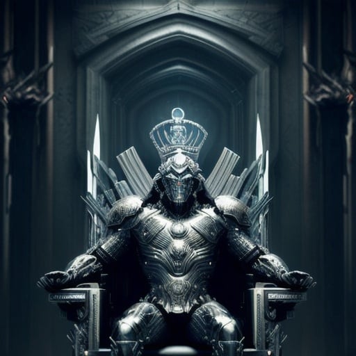 Prompt: Futuristic illustration of a regal king, throne of spears engraved with Vindicta, detailed futuristic suit, no helmet but a crown, intense gaze, cybernetic elements, high-tech throne, sharp and imposing, regal atmosphere, urban futuristic setting, metallic tones, atmospheric lighting, best quality, ultra-detailed, futuristic, regal, cybernetic, detailed suit, king, imposing throne, urban setting, metallic tones, atmospheric lighting