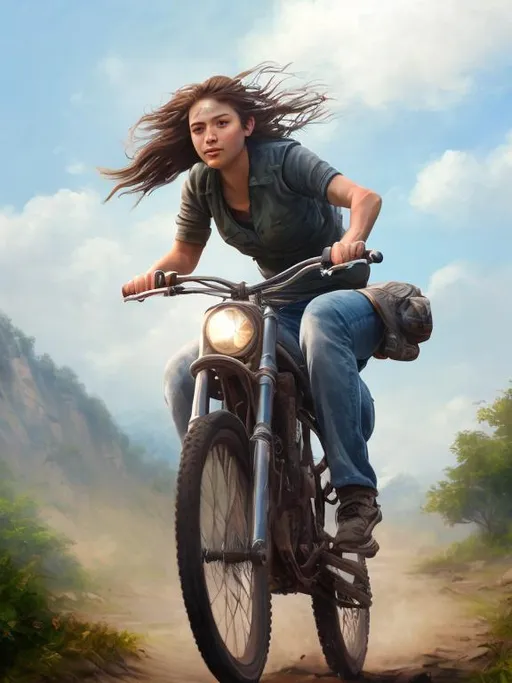 Prompt: Me riding a bike, realistic painting, scenic nature background, detailed facial features, high resolution, realistic, natural lighting, vibrant colors, peaceful and serene atmosphere