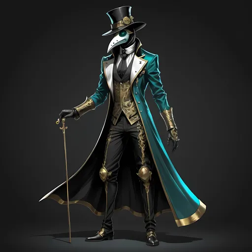 Prompt: Full-body, Anime concept art of a character in a black and gold plague doctor outfit with a teal trim, detailed top hat, intense gaze, detailed outfit, black and gold color tones, teal accents, white mask, sleek design, posing with a pimp-cane