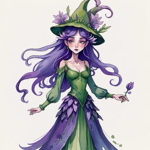 Prompt: a whimsical illustration of a fairy-like character dressed in attire that resembles purple and blue flower petals. The figure has long purple hair, and their head is adorned with a green bell-shaped hat. The outfit is predominantly purple, made to look like flower petals, similar to gladiolus a layered skirt. The style is delicate and illustrative giving the character a soft, ethereal and dreamy appearance. The overall theme seems to be nature-inspired, combining elements of flora into a personified figure.