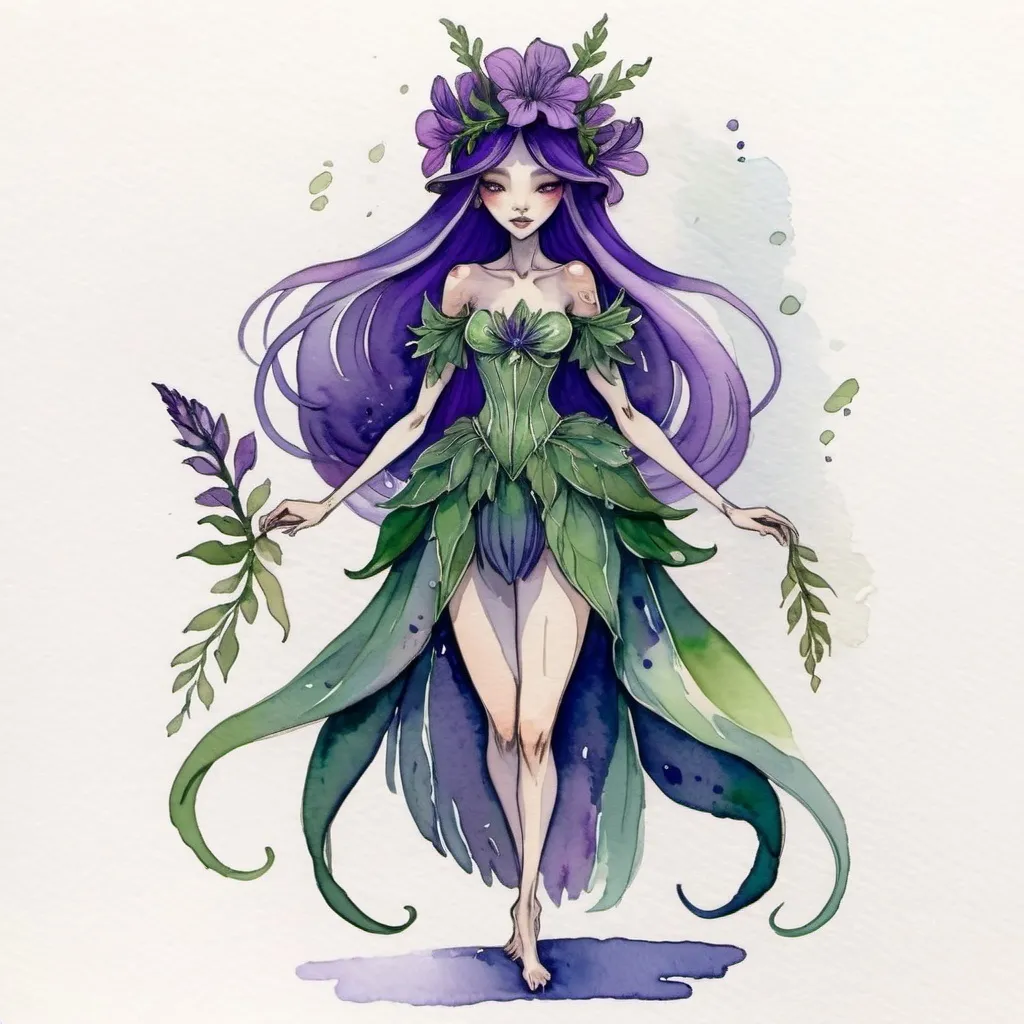 Prompt: a whimsical illustration of a fairy-like character dressed in attire that resembles purple and blue flower petals. The figure has long purple hair, and their head is adorned with a green bell-shaped, which also serve as part of their hat or headpiece. The outfit is predominantlypurple, made to look like flower petals, similar to gladiolus with flowing sleeves and a layered skirt. The style is delicate and watercolor-like, giving the character a soft, ethereal and dreamy appearance. The overall theme seems to be nature-inspired, combining elements of flora into a personified figure.