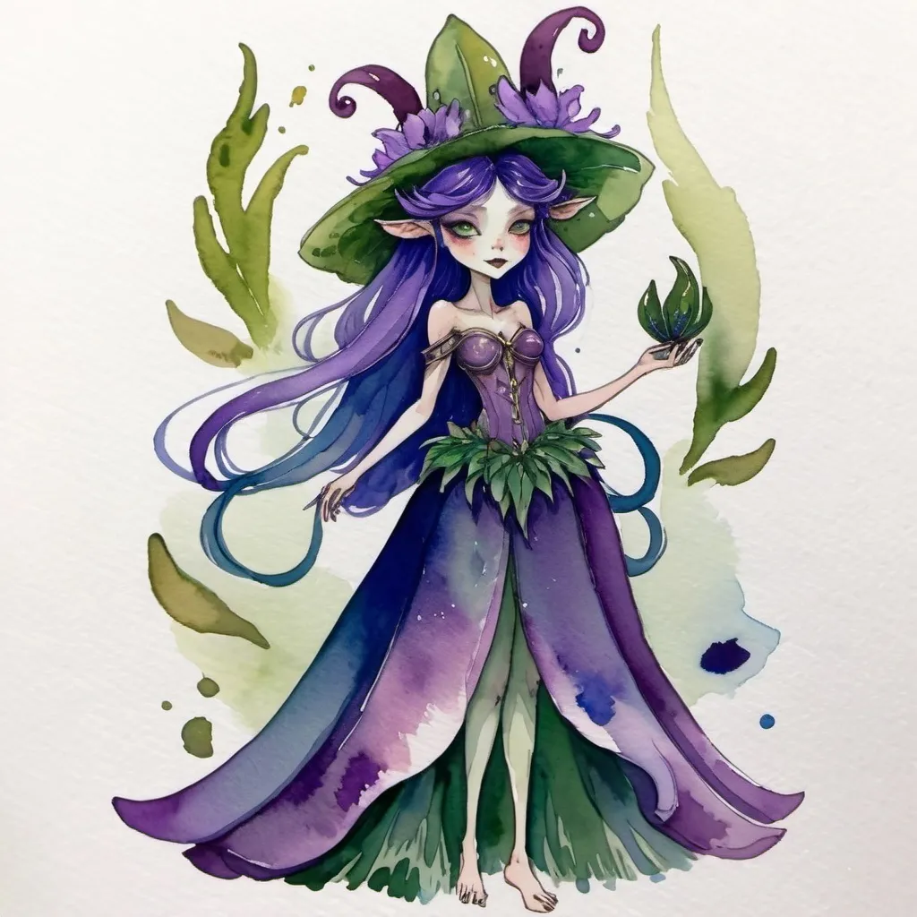 Prompt: a whimsical illustration of a fairy-like character dressed in attire that resembles purple and blue flower petals. The figure has long purple hair, and their head is adorned with a green bell-shaped, which also serve as part of their hat or headpiece. The outfit is predominantlypurple, made to look like flower petals, similar to gladiolus with flowing sleeves and a layered skirt. The style is delicate and watercolor-like, giving the character a soft, ethereal and dreamy appearance. The overall theme seems to be nature-inspired, combining elements of flora into a personified figure.