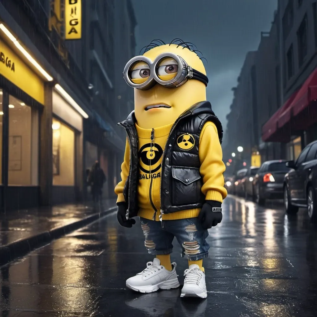 Prompt: Minion in designer clothes, gold chains, rainy night, high quality, detailed, cartoon, fancy attire, urban setting, cool tones, atmospheric lighting, stylish, designer fashion, rainy streets, city lights reflecting on wet pavement, detailed goggles, high-end, luxurious look Wearing balenciaga, sneakers, sad expression, dark atmosphere, puffer vest