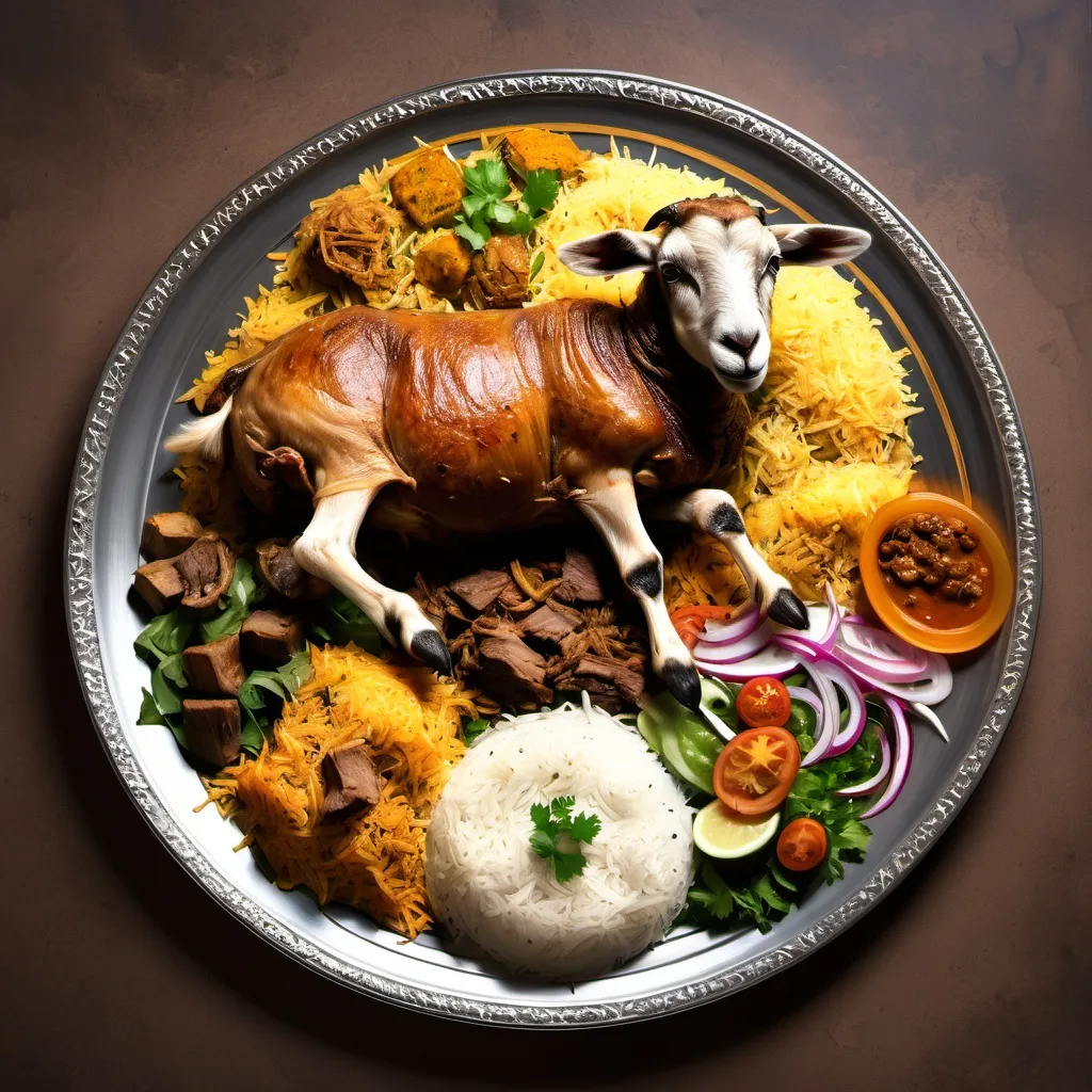 Prompt: Traditional food of Arabs name is "lamb Mandi". There is biryani on a large plate, on top of which sits a slaughtered, roasted whole goat. And salad around the plate