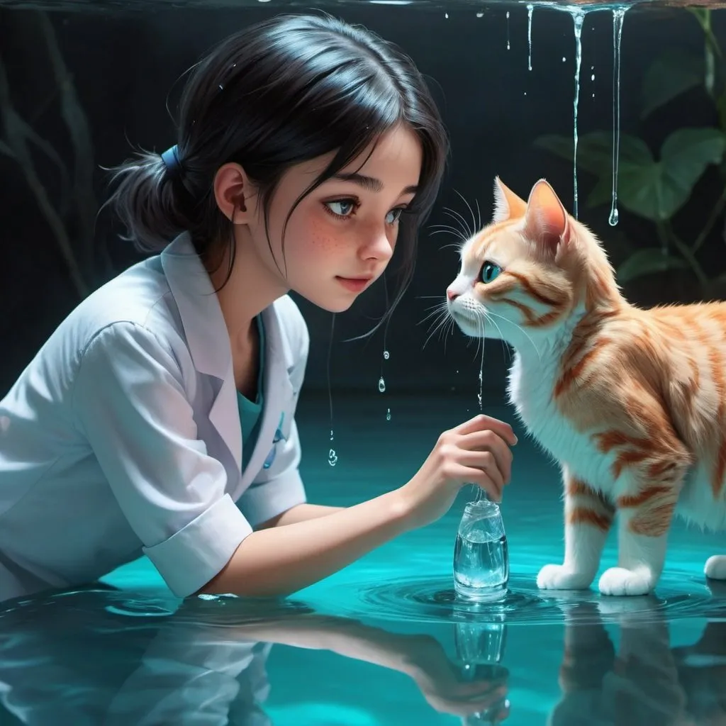 Prompt: An animated girl touching her cat and dr8nking water at the same time,fantasy colour 

