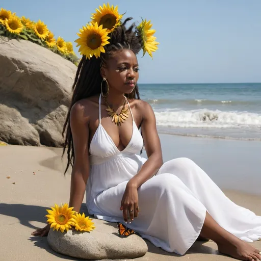 Prompt: A yuriba black woman sitting at beach holding one sunflower. A butterfly is on a rock and is near her. Thr woman is wearing a flowing white dress. Her hair is a mohawk.