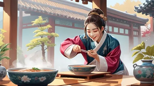 Prompt: (The King of South Korea), regal attire with intricate details, enjoying a steaming bowl of delicious soup, surrounded by loyal subjects, joyful expressions, traditional Korean setting with lush greenery, vibrant colors, warm and inviting atmosphere, (culturally rich), delicate porcelain tableware, high-quality, (ultra-detailed), cinematic lighting illuminating the scene.